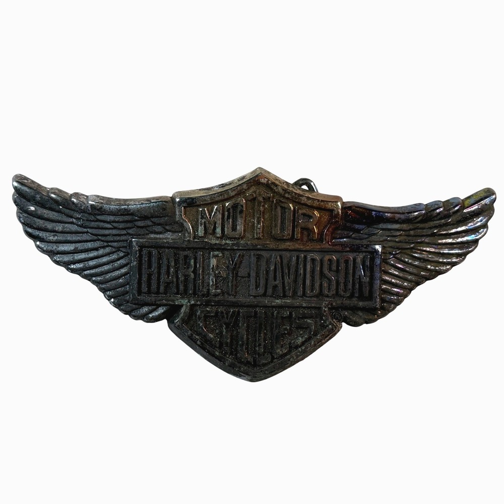 Vintage 80s Harley Davidson Winged Bar Shield Belt Buckle Black Taiwan LG 6‎ in